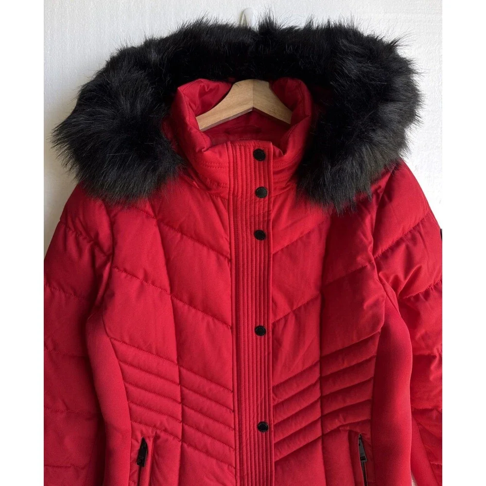 Michael Kors Womens L Red Hooded Puffer Jacket Faux Fur Trim Knit Side Panels